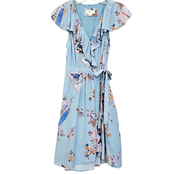 Maeve by Anthropologie Blue Rosalia Postcard  Cap Sleeve Faux Wrap Dress - Picture 14 of 14